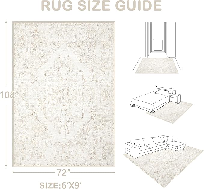 6x9 Area Rugs for Living Room: Washable Rug Vintage Large Rugs Soft Non Slip Low Pile Rug Floral Distressed Floor Carpet for Bedroom Kitchen Nursery Dining Room Home Office (Beige, 6'x9')