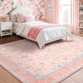 Washable Pink and Blue 7x10 Oushak Rugs for Bedroom Girls Dorm Living Room, Modern Floral Aethestic Distressed Design, Soft Low Pile Non Slip Stain Resistance Carpet