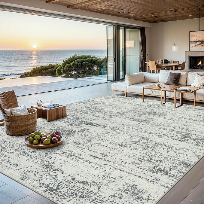 Area Rugs 10x12 Living Room - Washable Rug Modern Abstract Soft Large Neutral Non-Slip Carpet Indoor Floor Thin Carpets for Bedroom Dining Room Farmhouse Nursery Home Office Grey