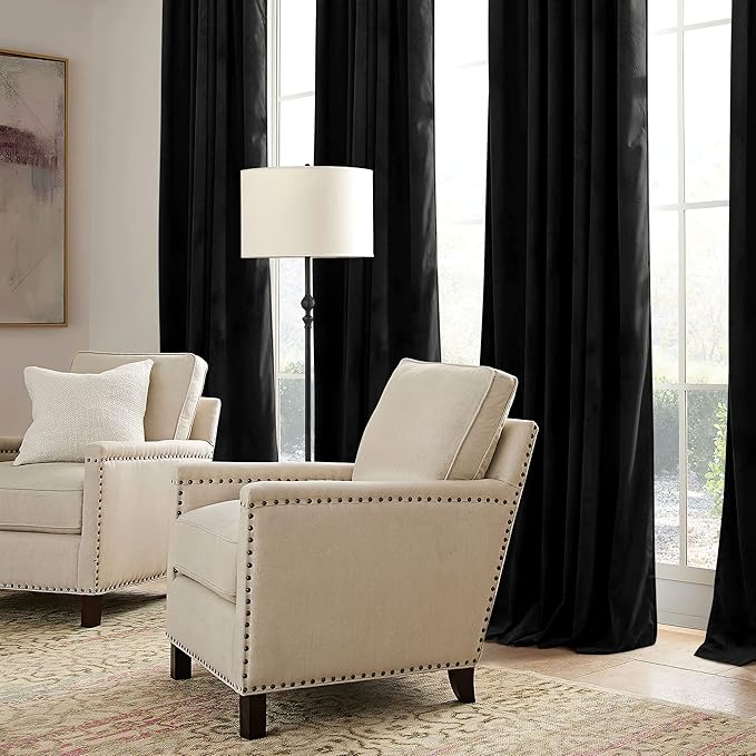 RYB HOME Black Velvet Curtains 84 inch, Blackout Window Curtains with Pleat Tape on Top for Bedroom Thermal Insulated Privacy Room Darkening Drapes for Living Room, W52 x L84 inch, 2 Panels