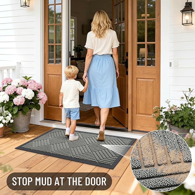 OLANLY Front Door Mat Outside Entrance 47x23, Absorbent, Heavy Duty Sturdy Natural Rubber Doormat Indoor Outdoor, Stain Fade Resistant, Non-Slip Low Profile Floor Mat for Entryway, Modern Gray Diamond