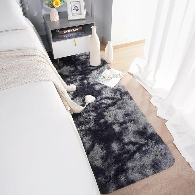 Chicrug Soft Runner Rugs for Bedroom Living Room Plush Fluffy Rug 2x10 Feet, Shag Furry Area Rug Carpet Non Shedding for Nursery Children Kids Girls Room Home Decorative, Grey and Black