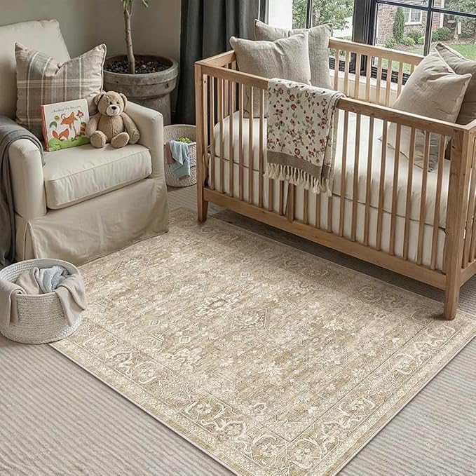 4x6 Washable Area Rug for Living Room Bedroom Vintage Beige Soft Low Pile Carpet Traditional Retro Non Slip Throw Rug for Dining Room Entryway Indoor Dorm Kitchen
