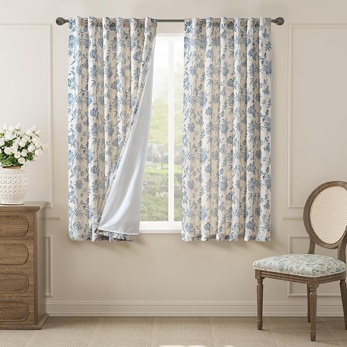 jinchan Lined Linen Floral Curtains for Living Room, 63 Inch Length Printed Flower Farmhouse Patterned French Country Back Tab Blue Window Drapes Set Privacy Bedroom Curtains, 2 Panels