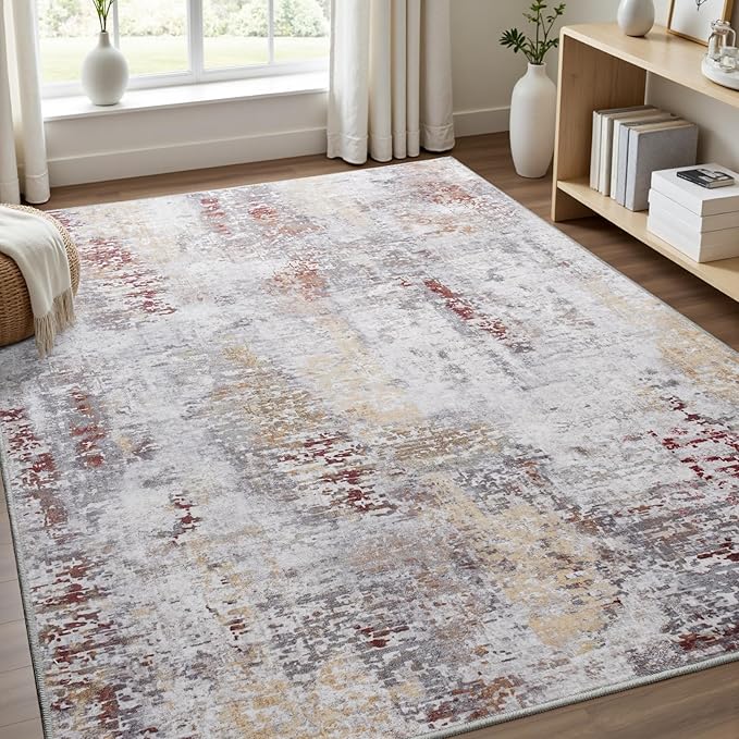 Toneed Abstract Area Rug Modern Washable Rug Soft Non Slip Rug Low Pile for Bedroom Living Room Dining Room Taupe Grey Brown 4x6 Feet