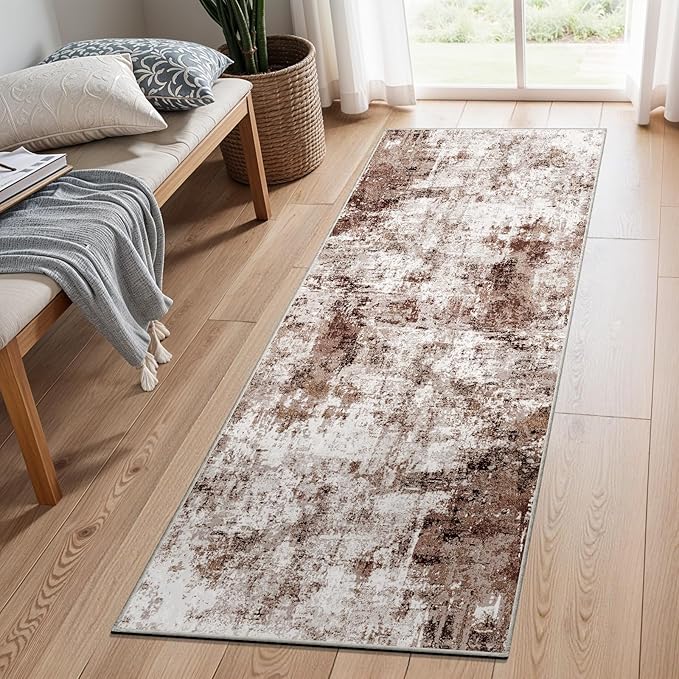 2x6 Washable Runner Rugs for Hallway: Easy-to-Clean Abstract Runners for Entryway Bedroom - Stain and Water Resistant Rugs with Non-Slip Backing - Soft Low-Pile Carpet Brown Khaki White