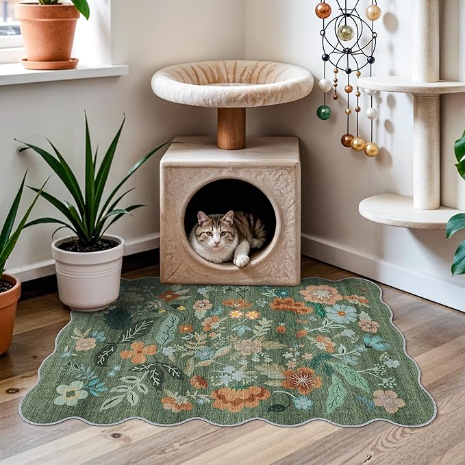 Washable Floral 2x3 Area Rug: Indoor Soft Scalloped Carpet for Entryway Kitchen Nursery Non-Slip Water Resistant Bathroom Laundry Floor Mat Low Pile Durable Door Mat(2x3 Floral/Green)