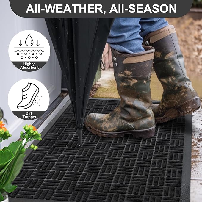 Mibao Front Door Mat, Heavy Duty Durable Welcome Mat for Outdoor Indoor, Dirt Trapper Waterproof Super Absorbent Door Mat for Entryway Outside Patio Porch, 29.5" x 17", Black