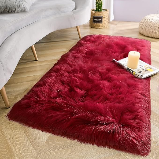 LOCHAS Soft Fluffy Faux Fur Rugs for Bedroom Bedside Rug 2x4 Feet, Washable, Furry Sheepskin Area Rug for Living Room Girls Room, Luxury Shag Carpet Home Decor, Red