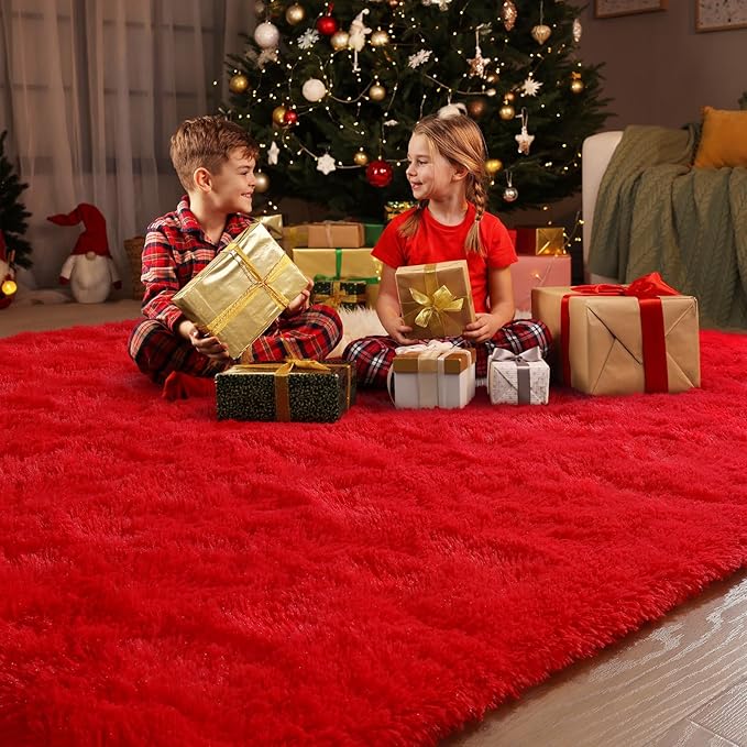 Amearea Premium Soft Fluffy Rug Modern Shag Carpet, 5.3x7.5 Feet, Fuzzy Plush Rugs for Living Room Bedroom Kids Room Home Decor, Nursery Non Slip Indoor Shaggy Carpets, Red