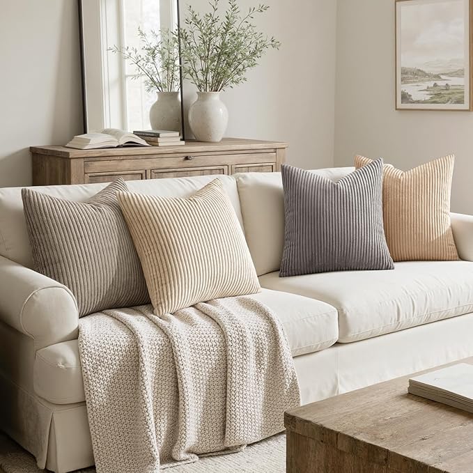 MIULEE Boho Farmhouse Neutral Cream Throw Pillow Covers 18x18 Inch Set of 4 Mordern Nordic Cushion Covers Soft Corduroy Spring Home Decor for Couch Bed Sofa Living Room