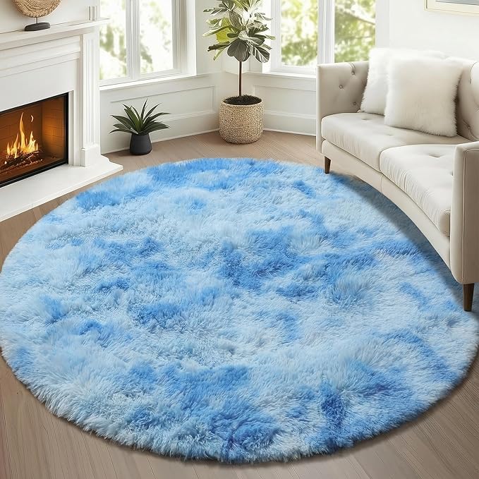 ONASAR Tie-Dye Blue Round Area Rug 4ft, Soft Bedroom Circle Rugs Floor Mats for Kids Girls Teen Room, Kawaii Fluffy Plush Shaggy Carpet for Baby Nursery Living Room Playroom Home Decor