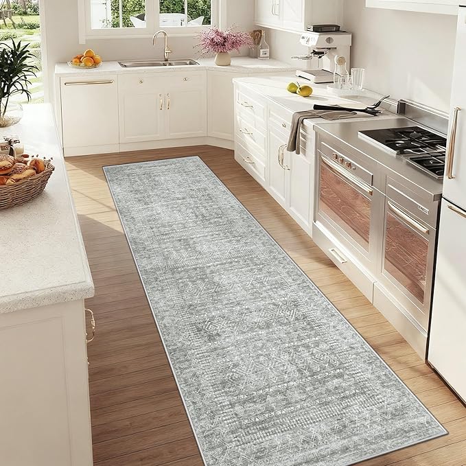 2x8 Washable Runner Rug: Moroccan Geometric Boho Rug Farmhouse Non Slip Stain Resistant Rugs Low Pile Soft Carpet for Porch Kitchen Laundry Room Living Room Bedroom (Grey,2'x8')