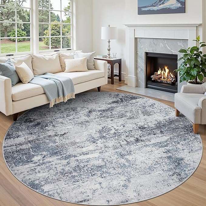 Round Rug 8ft Circle Rug Washable: Carpet Circular Area Rug for Entryway Kitchen Bedroom Dining Room Living Room Large 8 Feet Abstract College Dorm Non Slip Low Pile Blue Grey