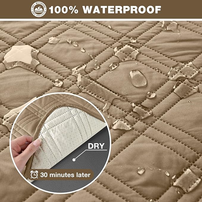 TAOCOCO 100% Waterproof Recliner Sofa Cover, Non Slip Split Couch Covers for Reclining Couches with Elastic Straps, Washable Reclining Sofa Cover Furniture Protector for Kids Pets(3 Seater, Camel)