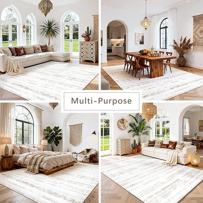 Moroccan Washable Rugs 8x10 Area Rugs for Living Room,Bedroom,Dining Room- Large Ultra Soft Faux Wool Retro Carpet,Non Slip&Non-Shedding Low Pile Vintage Print Rug-(Light Brown-White)