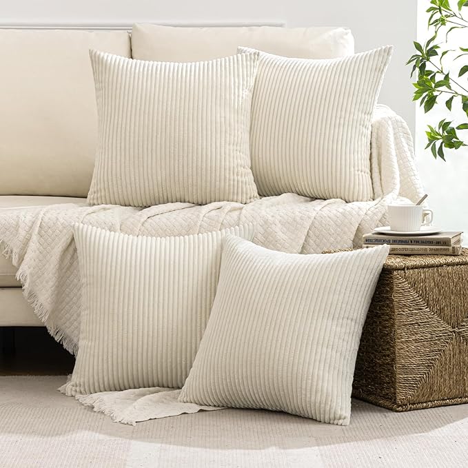 MIULEE Boho Farmhouse Throw Pillow Covers 18x18 Inch Set of 4 Mordern Nordic Cushion Covers Soft Corduroy Spring Home Decor for Couch Bed Sofa Living Room Cream White