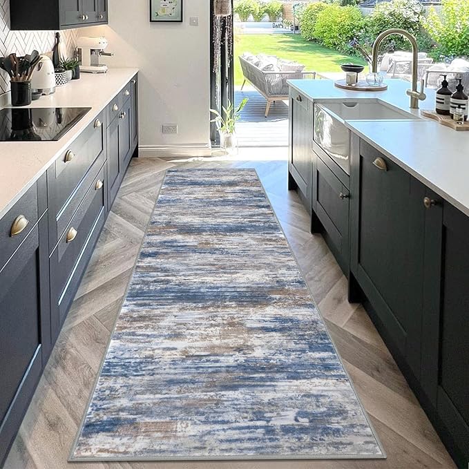 KOZYFLY 3x10 Ft Rug Modern Ombre Runner Rug for Hallway, Washable Kitchen Rugs Non-Slip Soft Striped Entryway Rug, Print Blue Rust Abstract Carpet for Laundry Nursery