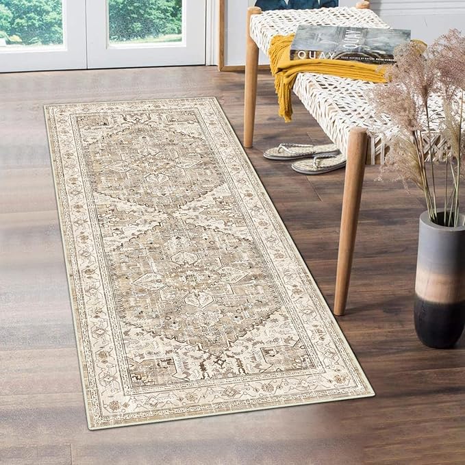 Yamaziot Washable Runner Rug, 2x5 Non-Slip Boho Vintage Hallway Rug Runner with Rubber Backing, Stain Resistant Faux Wool Distressed Carpet Runner for Kitchen, Laundry, Entrance, Beige Brown