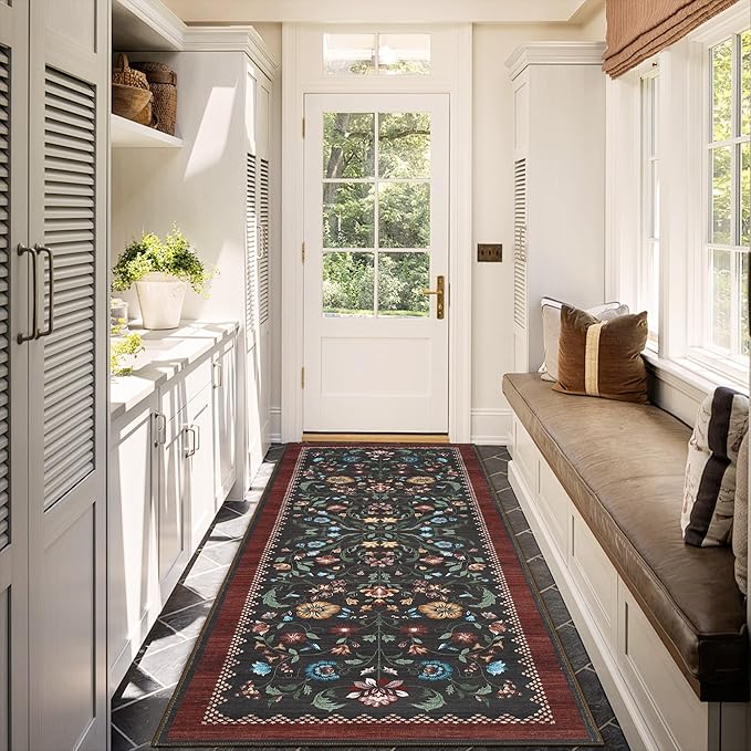 GarveeHome Floral Rug 2x6 Runners for Hallways, Boho Kitchen Runner Rugs Non Slip Bath Runners, Vintage Washable Runner Rug for Bedroom, Soft Long Rugs for Entryway Bathroom Laundry Dorm, Red