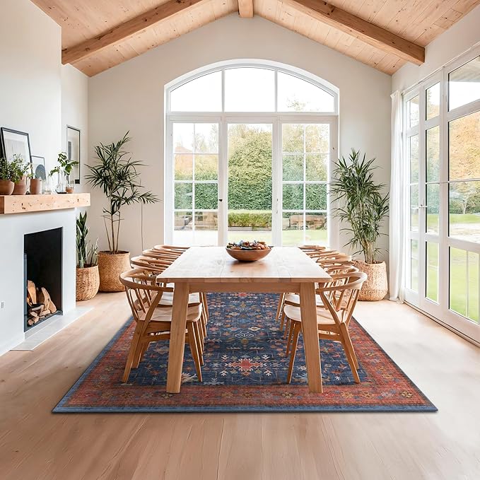 Navy Blue Large Area Rugs 8x12 Living Room, Geometric Floral Rugs for Dining Room Under Table - Washable Low Pile & Soft Carpet for Bedroom - Vintage Boho Stain Resistance Indoor Décor