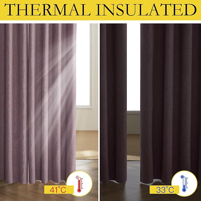 NICETOWN Chaise Mauve Vintage Linen 100% Blackout Curtains for Living Room, Thermal Insulated Curtains 95“ Long, Noise Reducing Window Treatment Drapes for Home Office, 62" Wide Per Panel, Set of 2