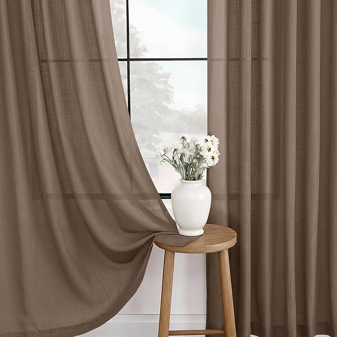 Chocolate Brown Linen Curtain 96 inch Length 2 Panels Set Back Tab Light Filtering Living Room Curtain Drapes Home Office Modern Minimalist Decor Farmhouse Boho Neutral Semi Sheer Curtain 96 inch Long