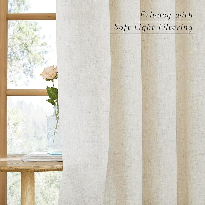 NICETOWN Natural Linen Cafe Curtains 45 inch Length, Thick Flax Linen Window Treatments Privacy Assured with Light Filtering for Farmhouse/Bedroom, W55 x L45, 2 Panels