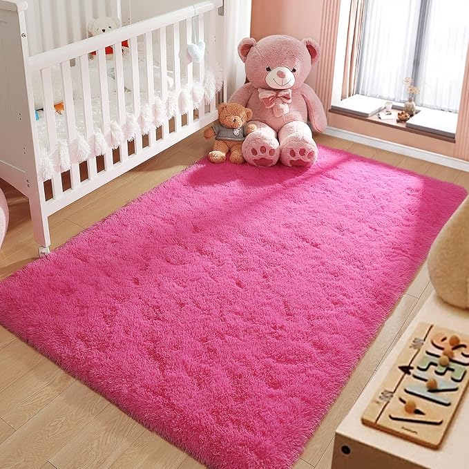 LOCHAS Ultra Soft Indoor Modern Area Rugs Fluffy Living Room Carpets for Children Bedroom Home Decor Nursery Rug 3x5 Feet, Hot Pink