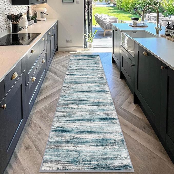 KOZYFLY Modern Abstract Kitchen Runner Rug, 2x10 Washable Rug Runner Non-Slip Soft Striped Hallway Runner Rugs, Light Blue Print Carpet Runner for Entryway Bathroom Laundry Room Foyer