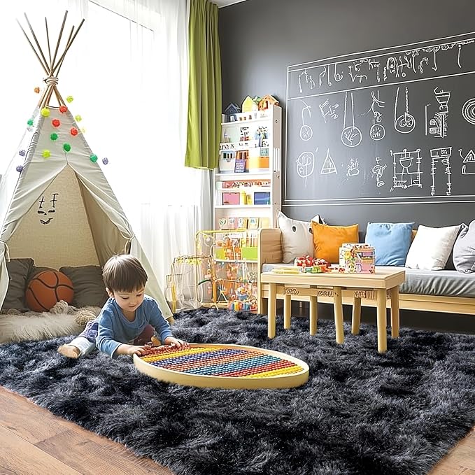 Pionblank 9x12 Area Rug, Large Area Rug for Living Room, Shag Rug for Bedroom, Soft Furry Non Slip Carpet for Kids Room Nursery Teens Dorm Home Decor, Dark Grey