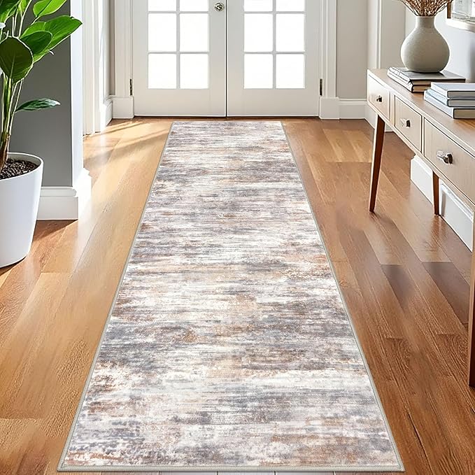 KOZYFLY 3x8 Ft Rug Modern Ombre Runner Rug for Hallway, Washable Kitchen Rugs Non-Slip Soft Striped Entryway Rug, Print Multi Grey/Orange Abstract Carpet for Laundry Nursery