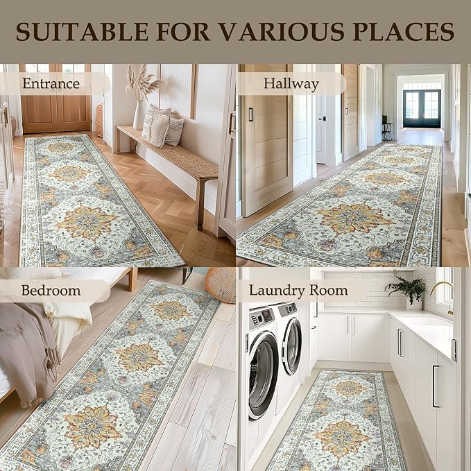 RELEANY Area Rugs 2'x10' Runner Rug Non Slip Washable for Kitchen Hallway Bedroom Beside Laundry Room Bathroom Rug, Floor Carpet, Light Yellow Carbon Grey Orange