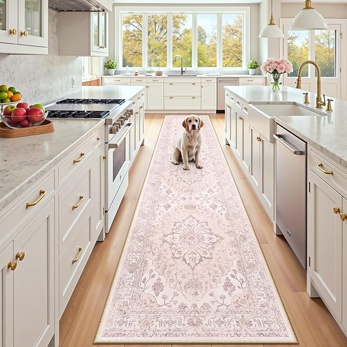 RELEANY Area Rugs 2'x10' Runner Rug Non Slip Washable for Kitchen Hallway Bedroom Beside Laundry Room Bathroom Rug, Floor Carpet, Pink Greypink Cute