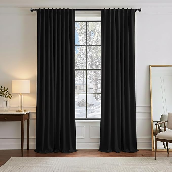 PONY DANCE Black Curtain Panels - 42 Wide by 90 Long, Black Room Darkening Floor Length Window Curtains for Living Room/Bedroom with Back Tab Slot Top Home Decor Draperies, 2 PCs