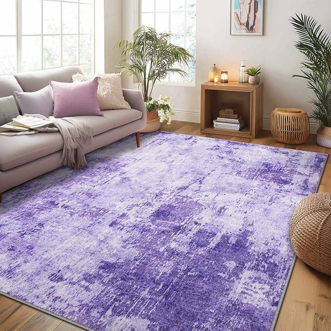 Washable Area Rugs 8'x10' Non-Slip Modern Abstract Soft for Living Room Entryway Bedroom Nursery, Print Pattern, Purple Gray Pink White