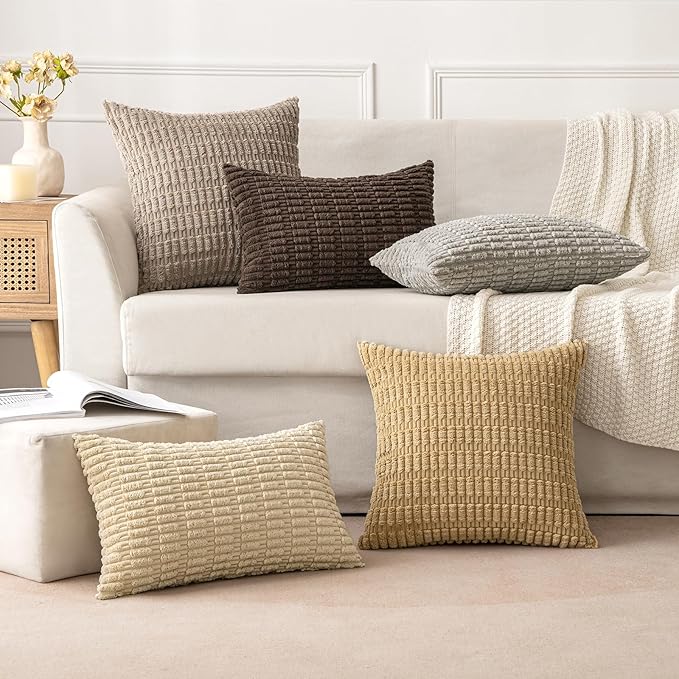MIULEE Pack of 2 Corduroy Decorative Euro Sham Throw Pillow Covers 22x22 Inch Soft Boho Striped Pillow Covers Modern Farmhouse Home Decor for Sofa Living Room Couch Bed Tan