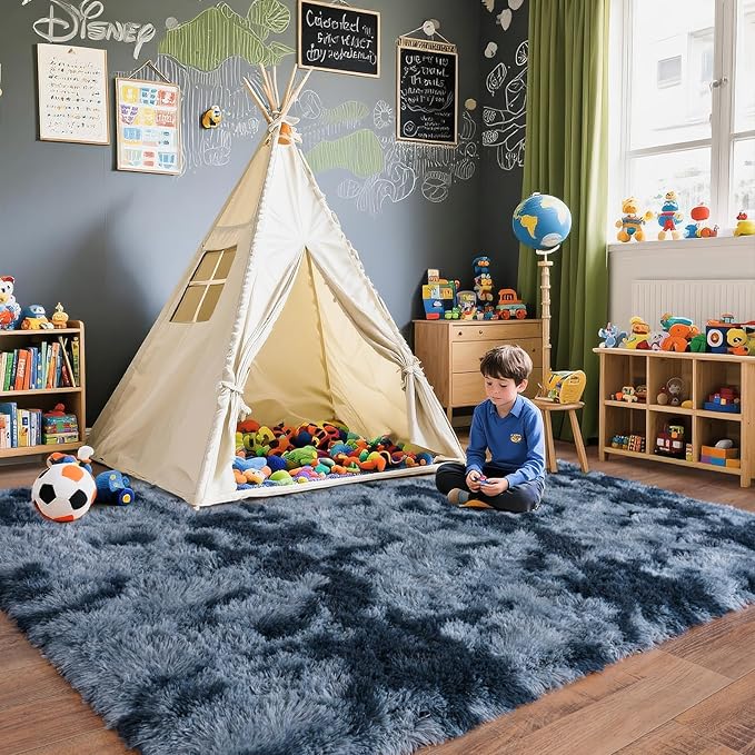 Pionblank 8x10 Rug for Living Room, Fuzzy Plush Large Area Rug, Fluffy Modern Shag Non Slip Soft Furry Carpet for Bedroom Kids Room Nursery Teens Dorm Home Decor, Blue Grey