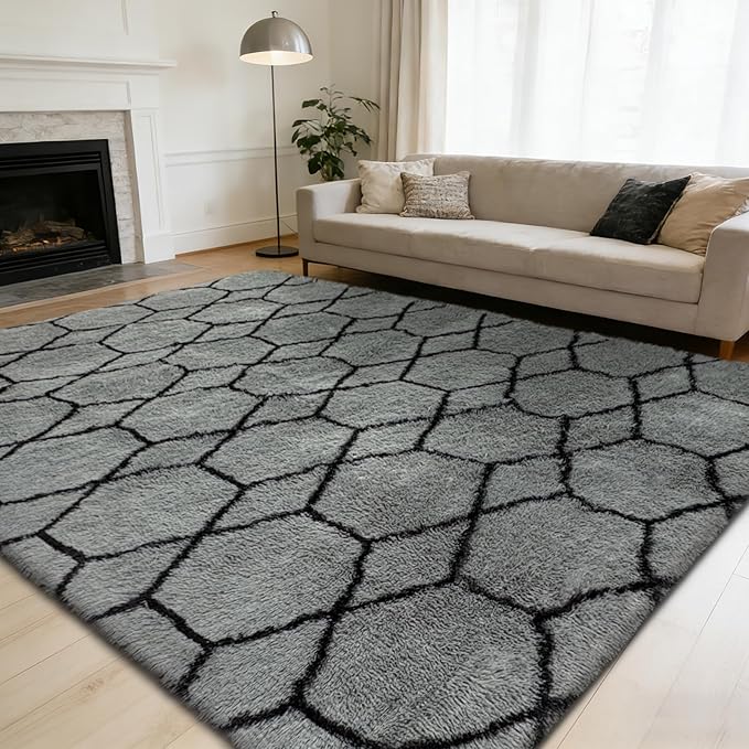 6x9 Fluffy Area Rugs for Living Room,Shag Area Rug for Bedroom,Geometric Soft Fuzzy Rug Non-Shedding Indoor Plush Carpet for Kids Bedroom Nursery Home Decor,Grey and Black
