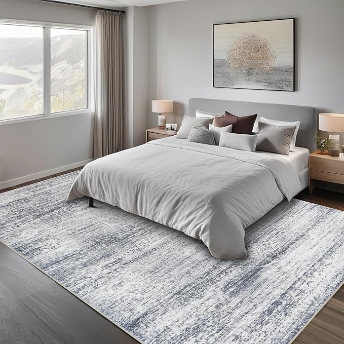 Washable Rugs 5x7 Area Rugs for Living Room,Rugs for Bedroom,Large Carpets,Ultra Soft Faux Wool Retro Dining Room Rug,Non Slip&Non-Shedding Low Pile Vintage Print Rug for Home Office-Grey Cream