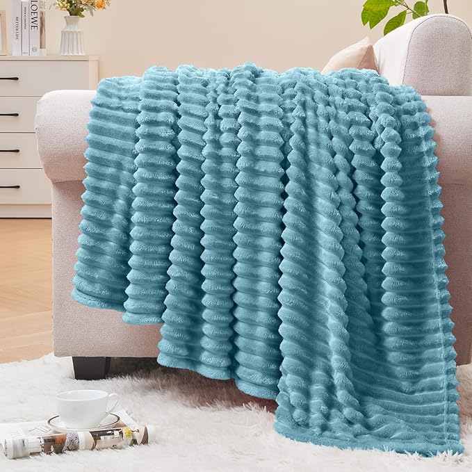 BEDELITE Fleece Blanket Twin Size – 3D Ribbed Jacquard Soft and Warm Decorative Fuzzy Blankets – Cozy, Fluffy, Plush Lightweight Throw Blankets for Couch, Bed, Sofa(Washed Blue, 60x80 inches)