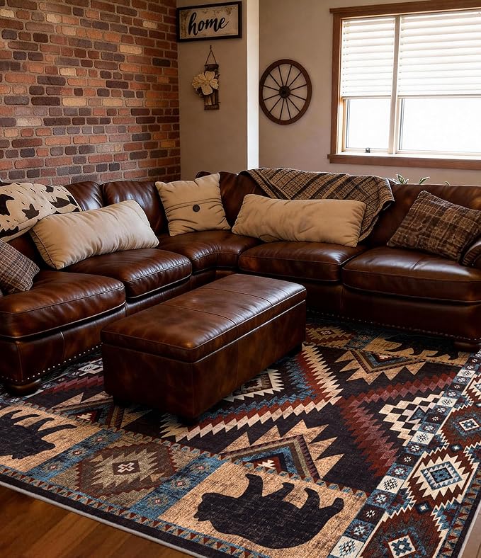 YIHOUSE Rustic Cabin Area Rug for Living Room 8x10,Machine Washable Lodge Bear Rug,Non-Slip Low Pile Print Pattern Western Rug for Bedroom