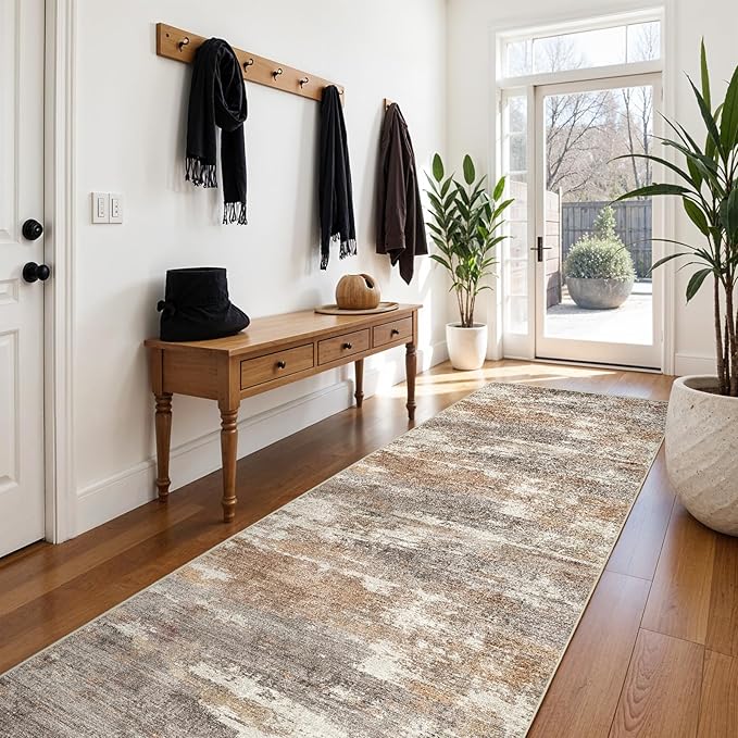 3x10 Washable Kitchen Runner Rug: Modern Abstract Runners for Hallway Soft Non Slip Rugs with Rubber Backing Low Pile Thin Floor Carpet for Entryway Bedroom Bathroom Bedside Indoor(Brown/Brick,3x10)