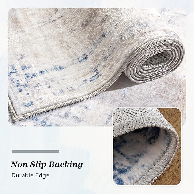 4 x 6 Area Rugs for Living Room, Machine Washable Non Slip Rug Ultra Soft Low Pile Indoor Carpet Modern Abstract Rugs for Bedroom Office Room Dining Room Beside, Blue/Grey