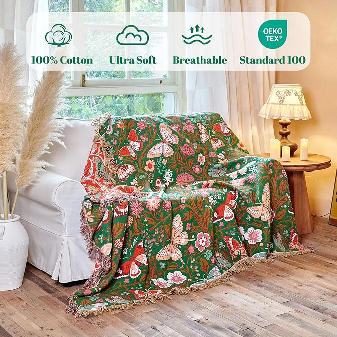 MSGKV Boho Throw Blanket for Bed 60"x80" Butterfly Floral 100% Cotton Couch Blanket Spring Breathable Lightweight Farmhouse Twin Size Blankets for Sofa Home Decor Muslin All Seasons