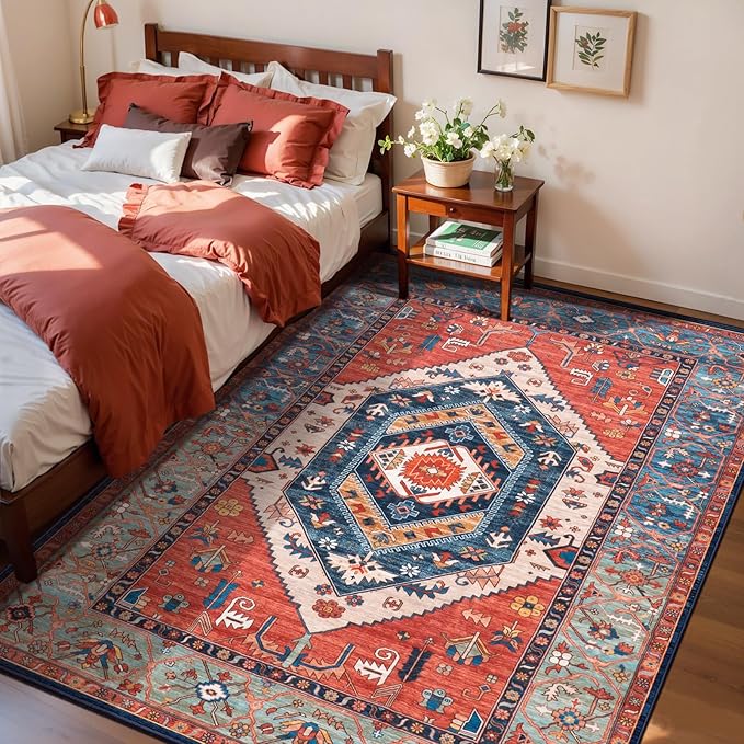 SERISSA Area Rug 3x5 Boho Rugs for Bedroom, Washable Non-Slip Kitchen Rugs, Ultra Soft Print Distressed Tribal Rust Rug Low-Pile Throw Rug Carpet for Entry Bedroom Nursery Living Room Dorm Decor