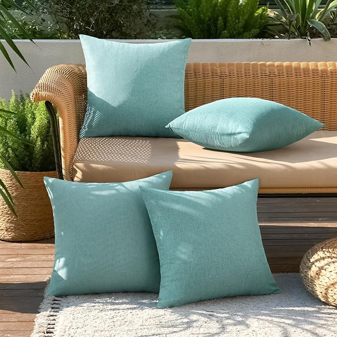MIULEE Pack of 4 Decorative Outdoor Throw Pillow Covers Linen Waterproof Pillow Covers Spring Farmhouse Cushion Cases for Patio Garden Tent Balcony Couch Sofa 16x16 inch Teal