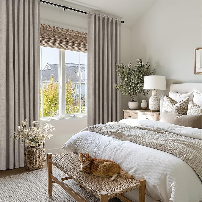 MIULEE 100% Blackout Linen Curtains for Bedroom, Greige Solid Luxury Decor Thermal Insulation Room Darkening Drapes for Living Room Nursery Back Tab Rod Pocket 42 x 90 Inches, 2 Panels