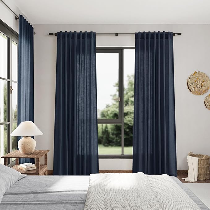Nanspring Vintage Blue Linen Curtains 102 Inches Long Rod Pocket Back Tab Drapes 2 Panels Set for Living Room Light Filtering Semi Sheer Vintage Blue Curtain 102 Length for Patio Door Bedroom 52x102