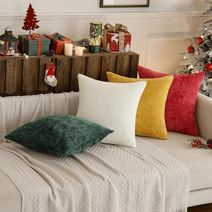 MIULEE Christmas Pack of 4 Couch Throw Pillow Covers 18x18 Inch Christmas Red/Green Soft Decorative Chenille Pillow Covers Farmhouse Accent Cushion Covers for Boho Home Decor Sofa Bedroom Living Room